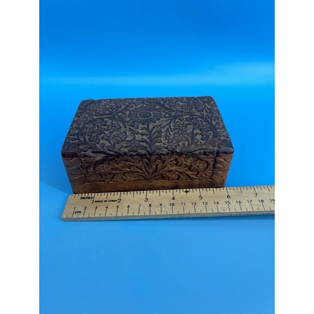 Vintage Hand Carved Wooden Jewelry Trinket Box Floral Velvet Lined 6x2.5